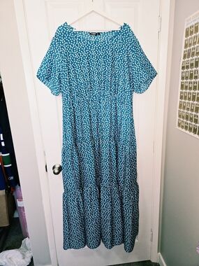 YOINS Teal & White Polka Dot Tiered Maxi Dress